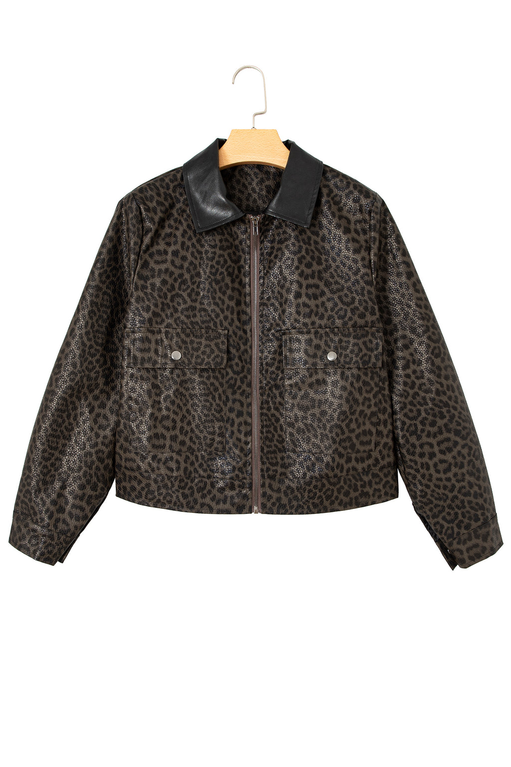 Multicolour Leopard Print Colorblock Collar Metal Placket Jacket
