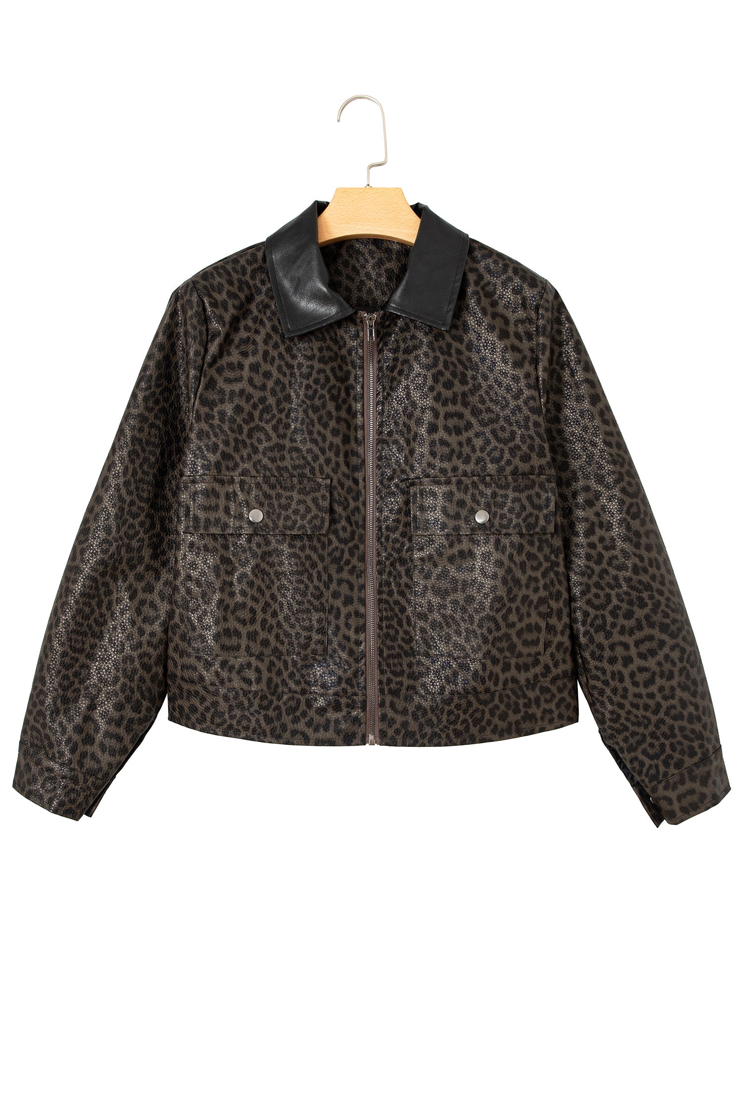 Multicolour Leopard Print Colorblock Collar Metal Placket Jacket