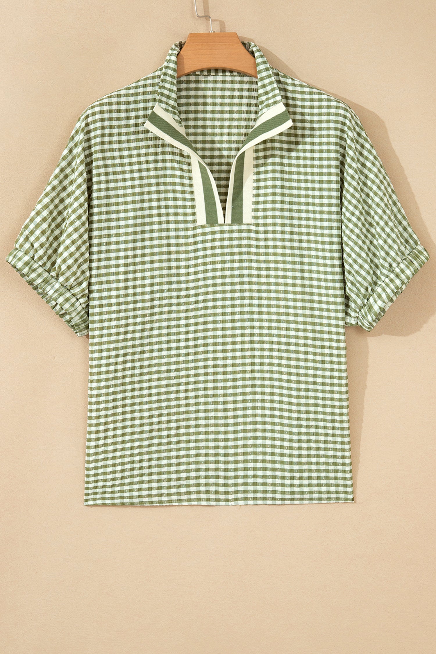 Green Plaid Short Sleeve Colorblock Trim Split Neck Blouse
