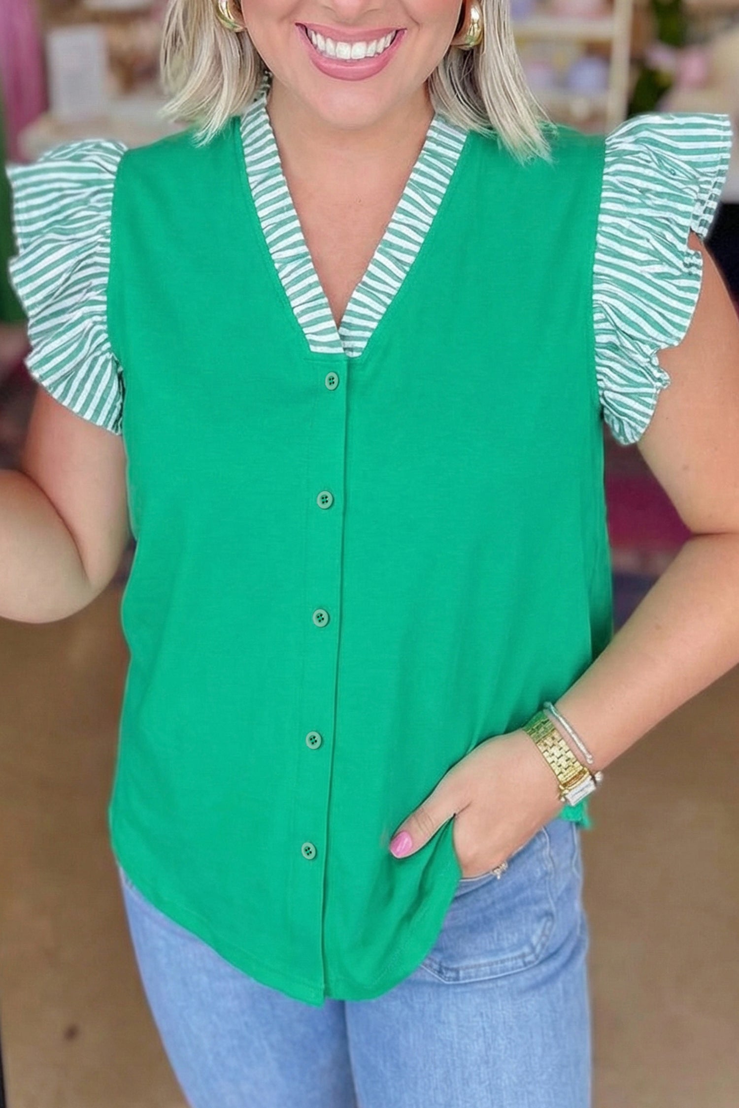 Garden Green Flutter Blouse