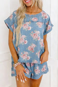 Sky Blue Floral Denim Short Sleeve Top Loose Shorts 2pcs Set