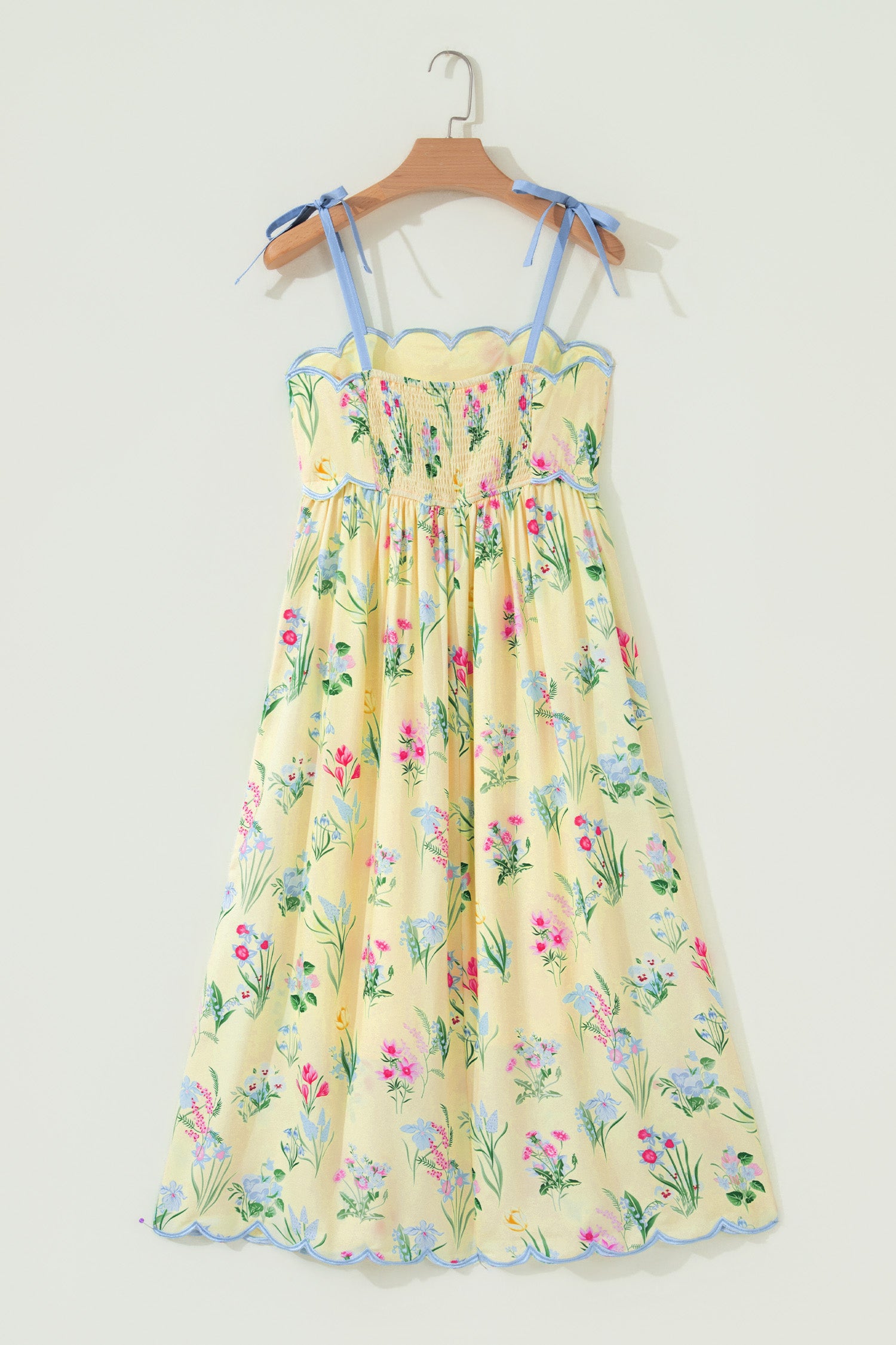 Yellow Floral Print Contrast Trim Self-tie Straps High Waist Midi Dress