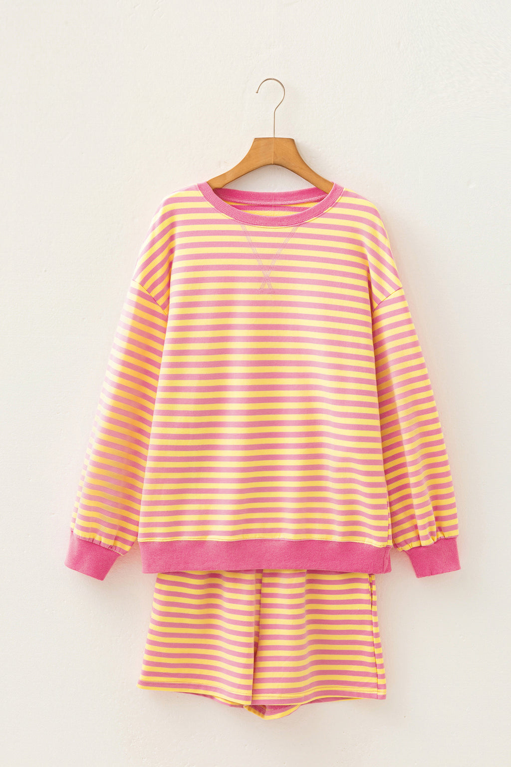 Yellow Stripe Color Block Trim Round Neck Long Sleeve Top Casual Shorts 2pcs Set