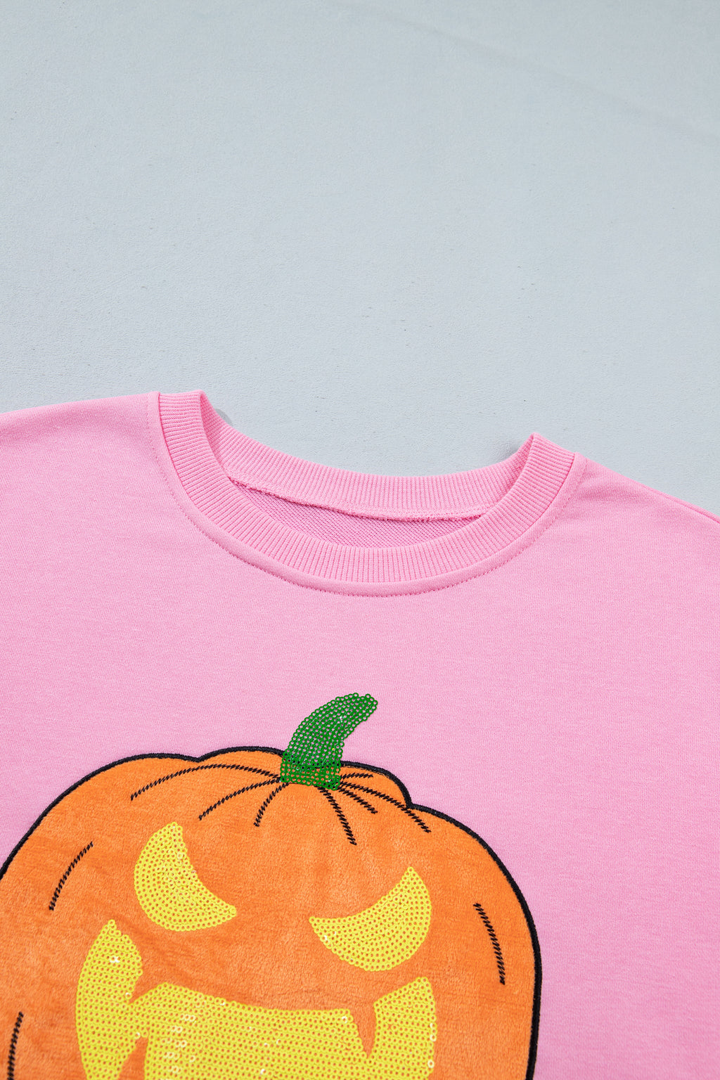 Pink Embroidered Pumpkin Face Long Sleeve Round Neck Sweatshirt