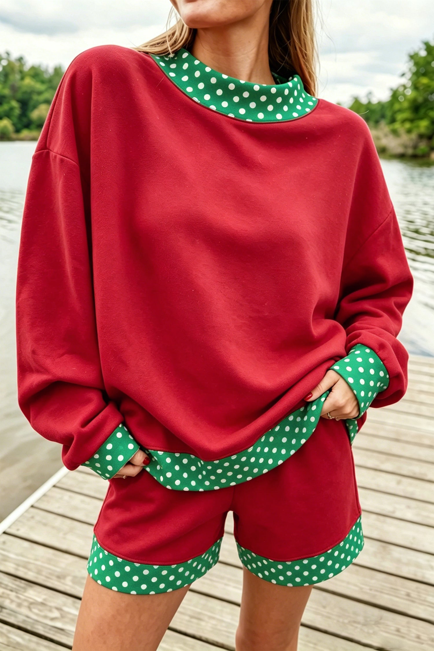 Fiery Red Gingham Trim Baggy Pullover 2pcs Short Set