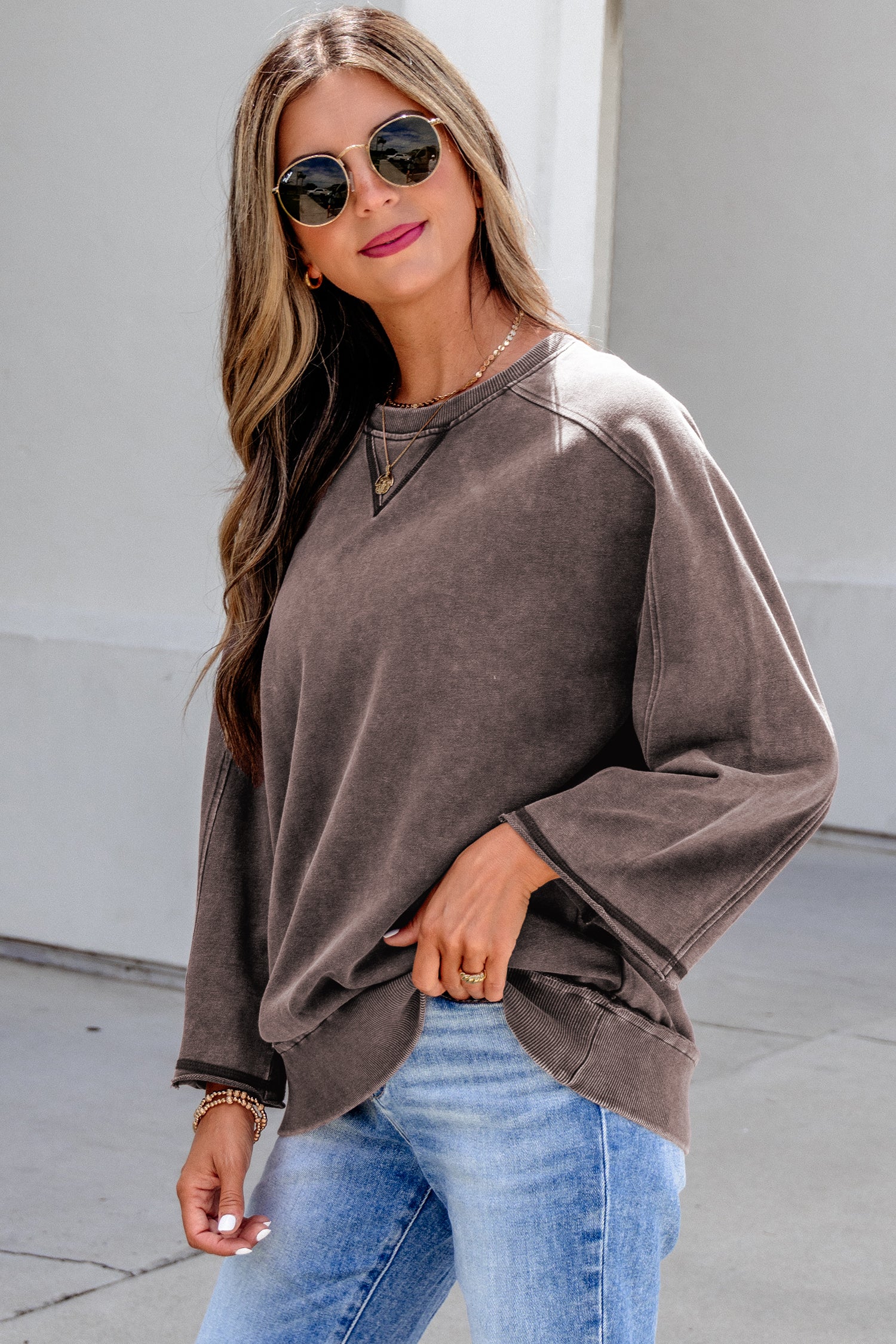 Dark Brown 3/4 Sleeve Mineral Wash Loose Cotton Top