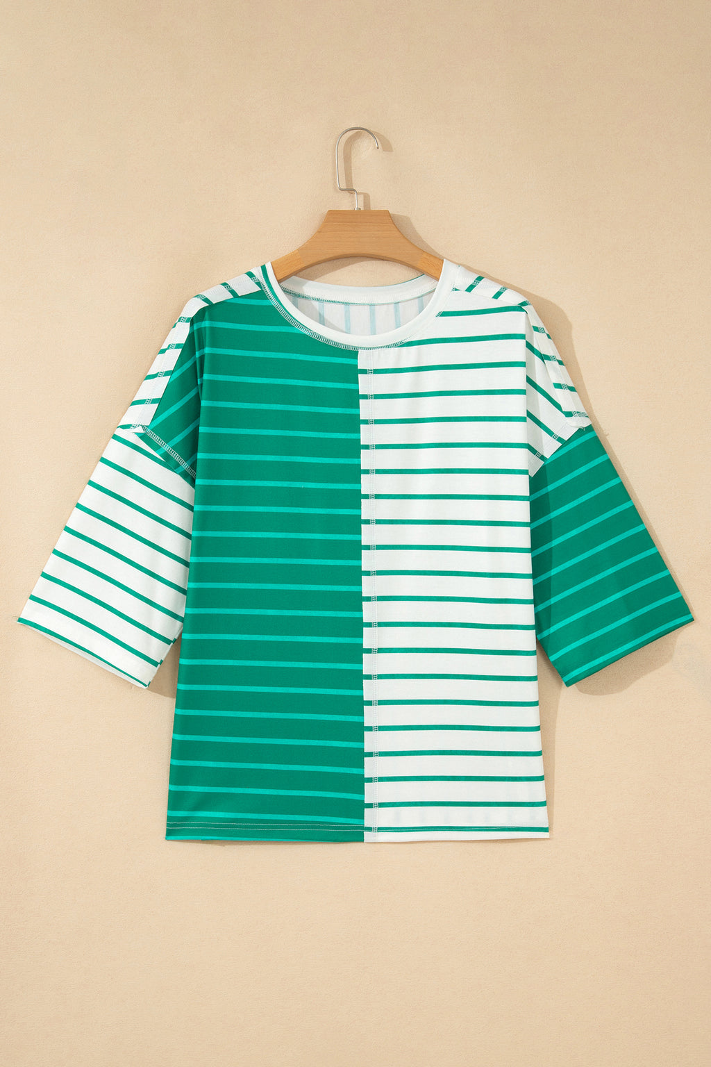 Green Stripe Colorblock 3/4 Sleeve Loose T Shirt