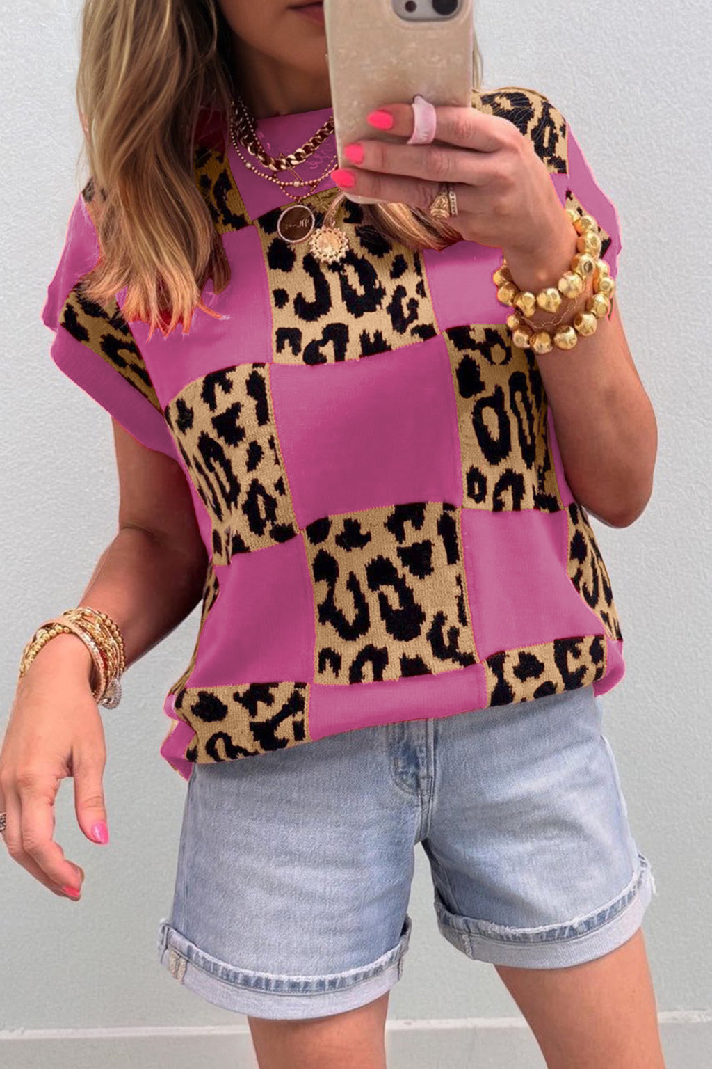 Glamourous Pink Leopard Short Sleeve Knit Sweater
