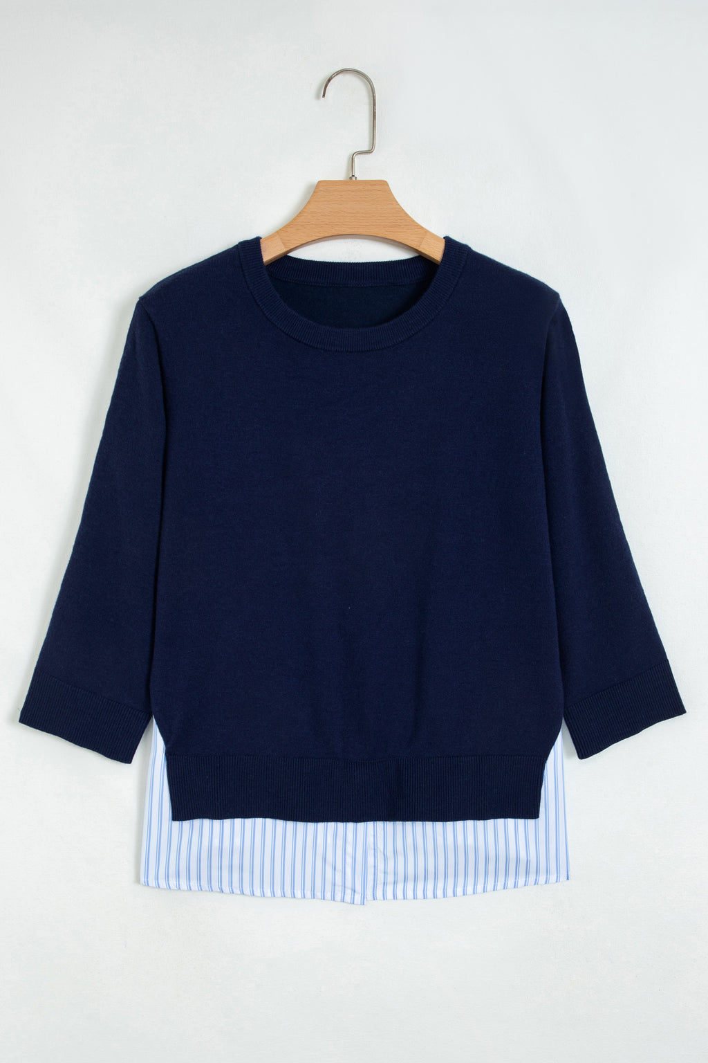 Navy Blue Drop Shoulder Long Sleeve Striped Pullover Sweater