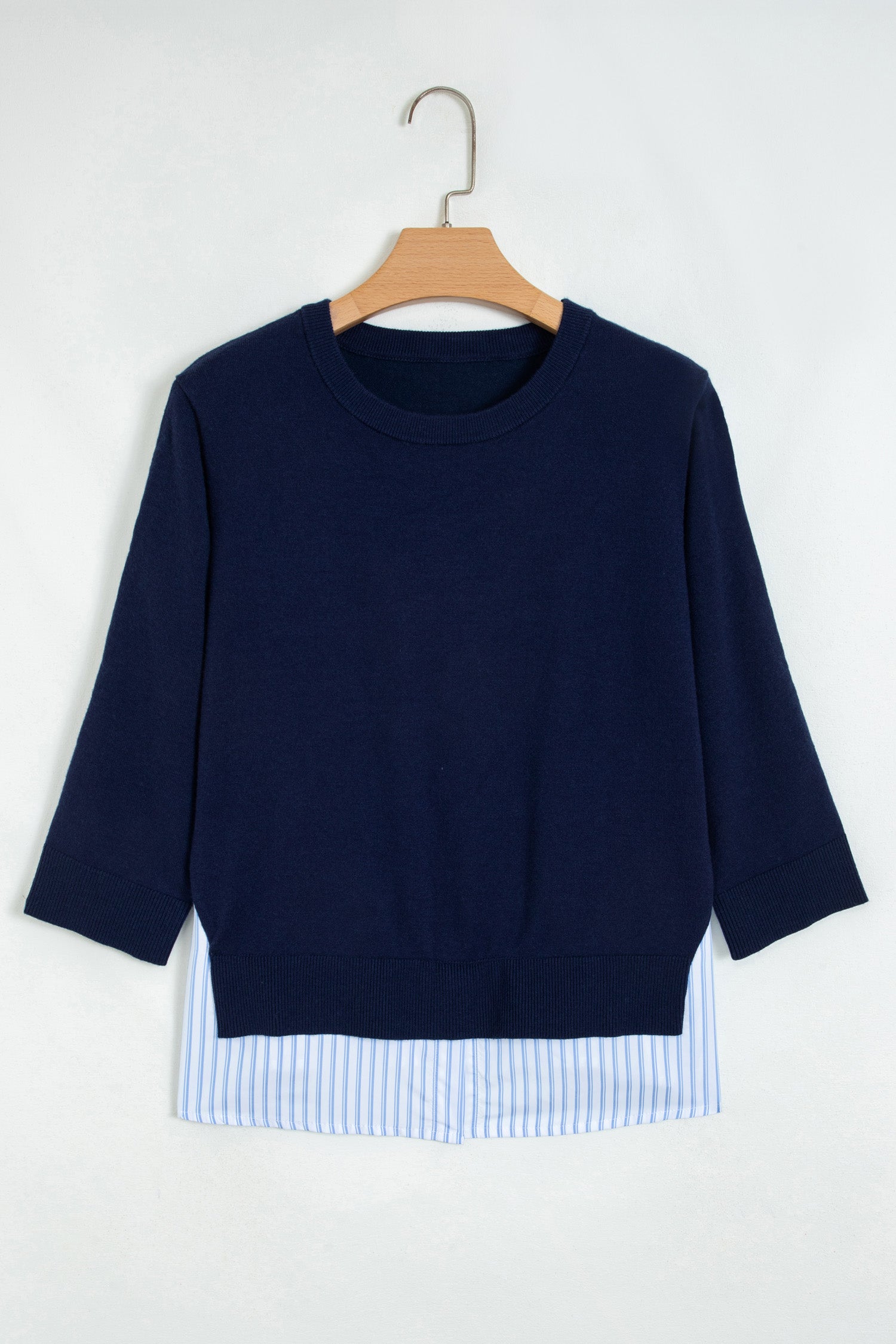 Navy Blue Drop Shoulder Long Sleeve Striped Pullover Sweater