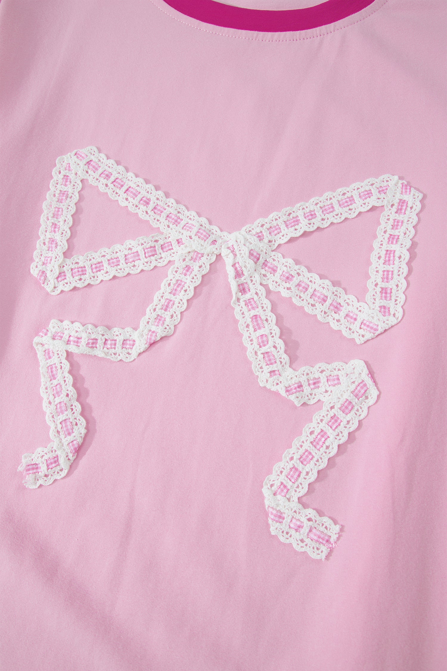 Gossamer Pink Embroidered Bow Detail Color Block Loose Tee
