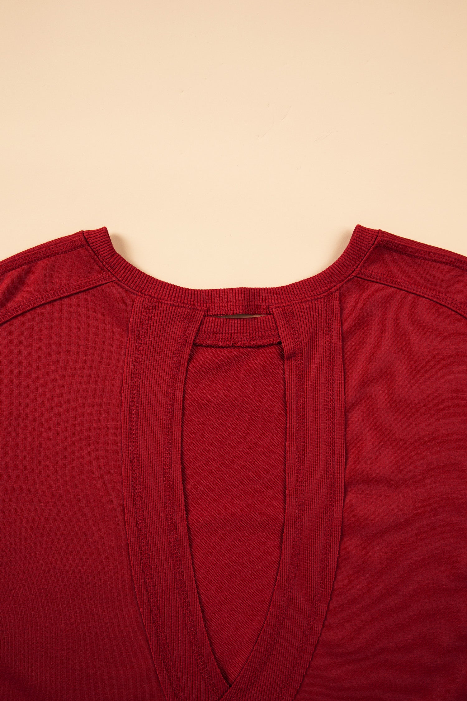 Racing Red Ribbed Detail Drop Shoulder Cutout Back Sweatshirt