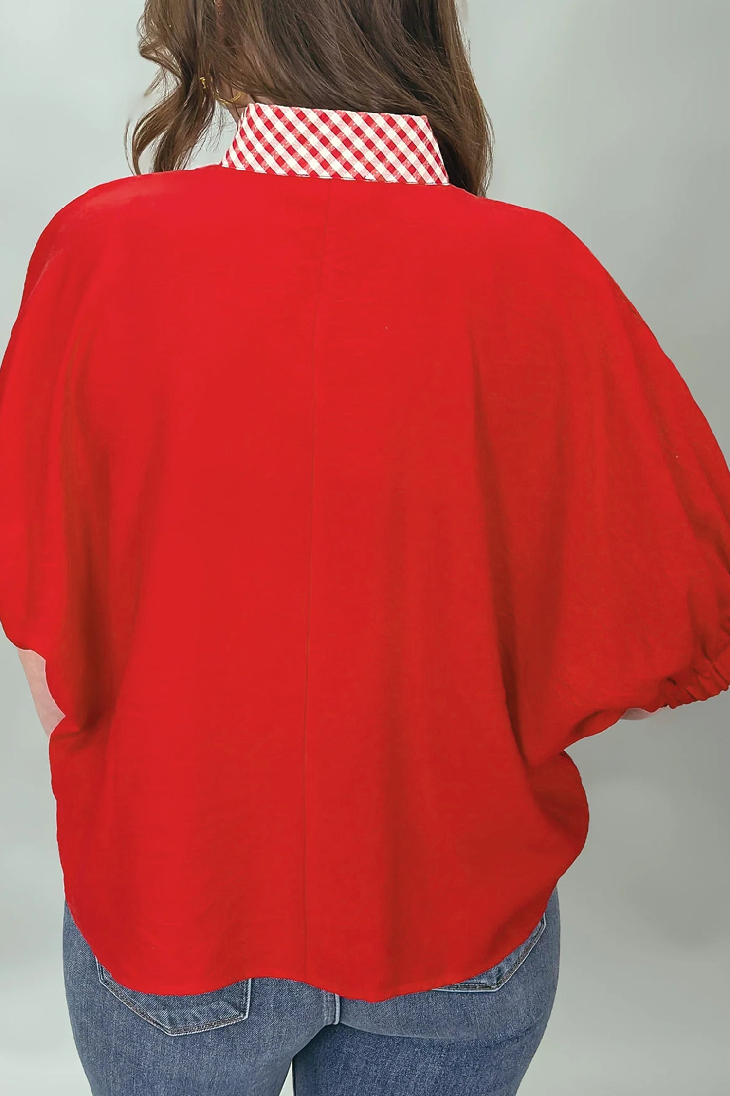 Red V Neck Plaid Collar Short Sleeve Tunic Blouse