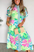 Pink Floral Print Striped Trim Button Down Short Sleeve Vacation Dress