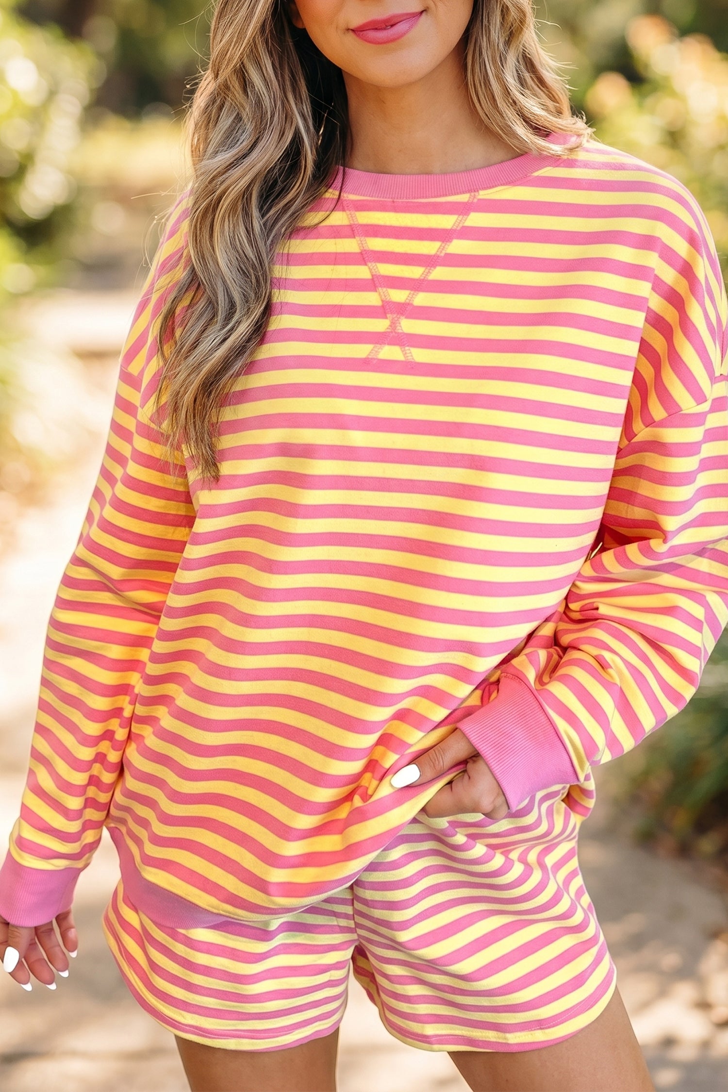 Yellow Stripe Color Block Trim Round Neck Long Sleeve Top Casual Shorts 2pcs Set