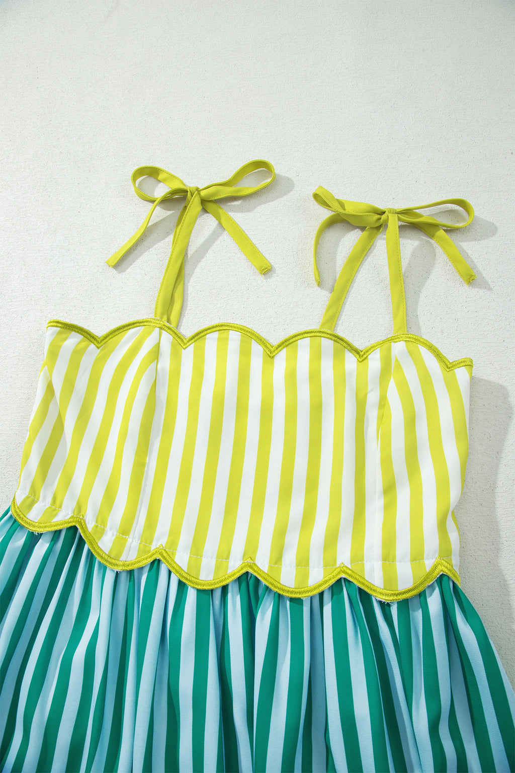 Green Stripe Scalloped Contrast Patchwork Knot Strap Midi Dress
