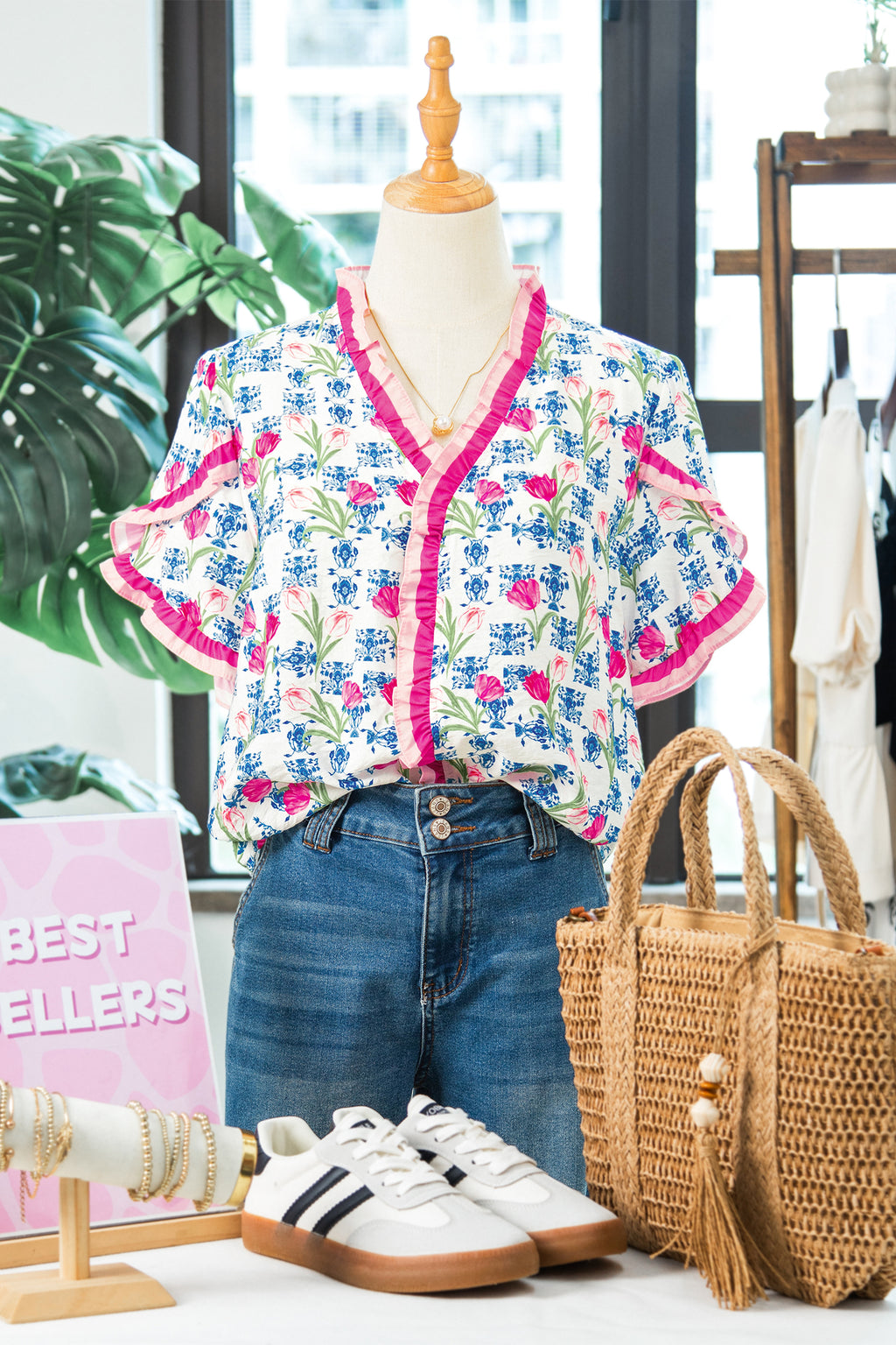 Rose Floral Print Ruffle V-Neck Short Sleeve Loose Tunic Shirt