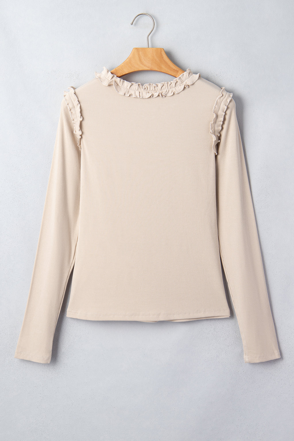 Beige Solid Color Round Neck Frill Detail Long Sleeve Top