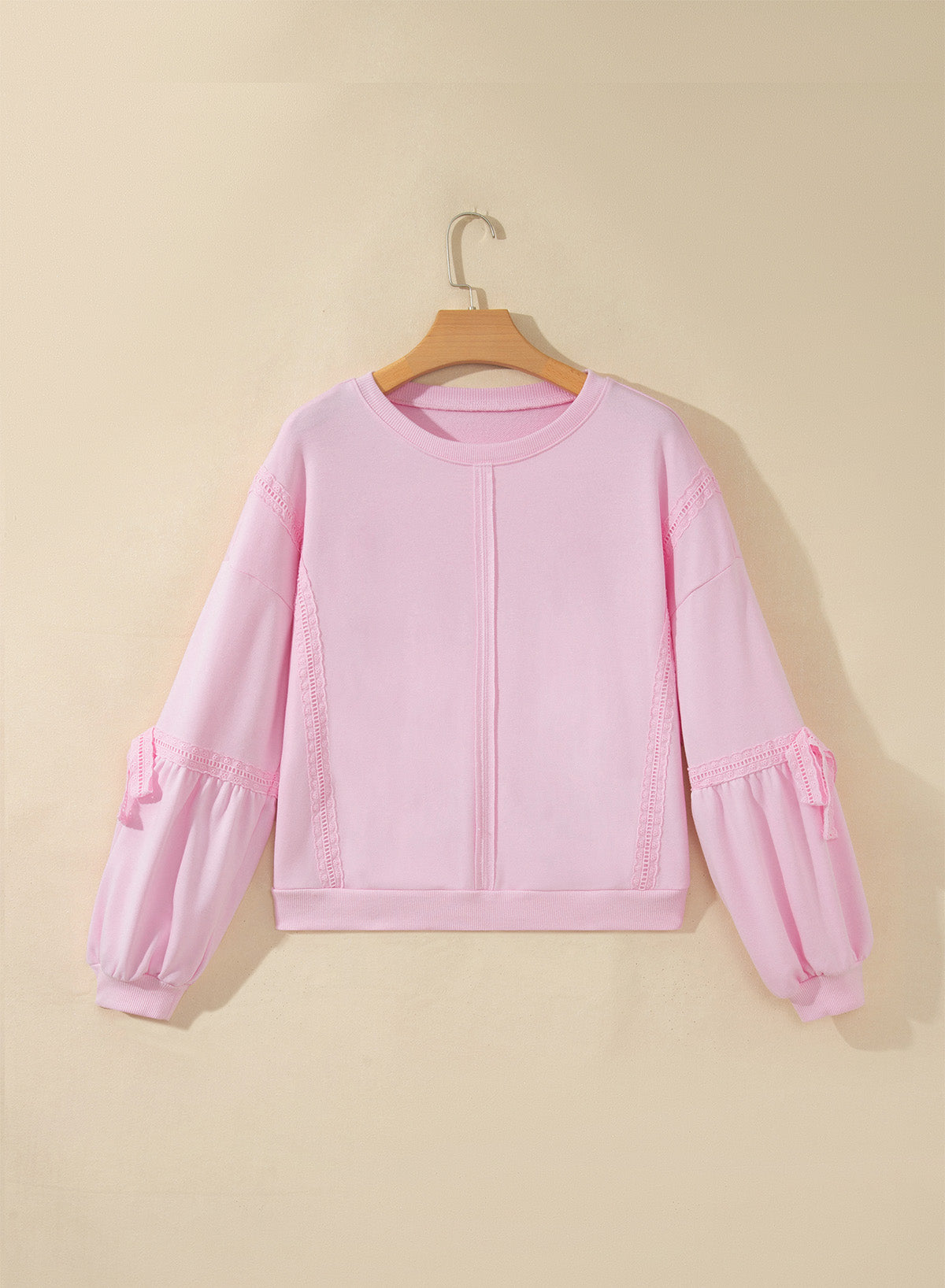 Pink Solid Color Raw Seam Lace Detail Loose Casual Sweatshirt