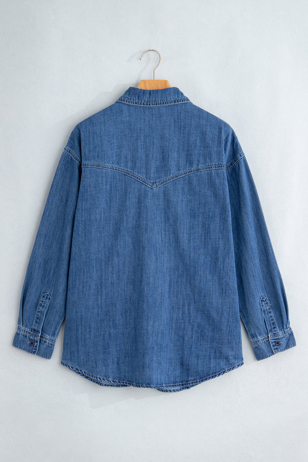 Sail Blue Western Patch Pockets Tunic Length Long Sleeve Denim Shirt