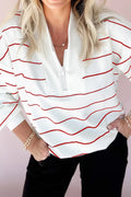 White Zip V Neck Casual Stripe Print Drop Shoulder Long Sleeve Top