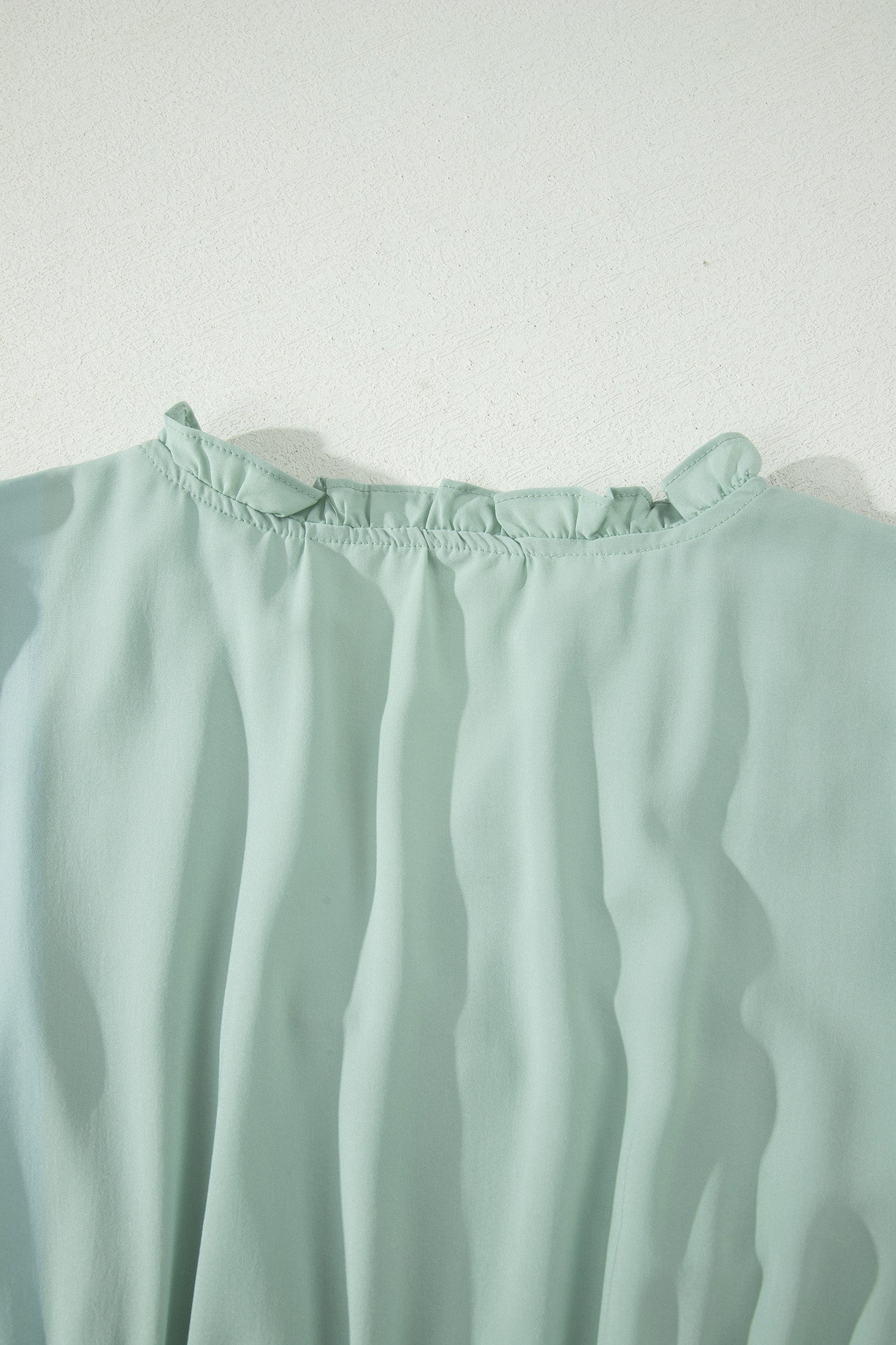 Clearly Aqua Solid Color V Neck Short Puff Sleeve High Waist Tiered Maxi Dress