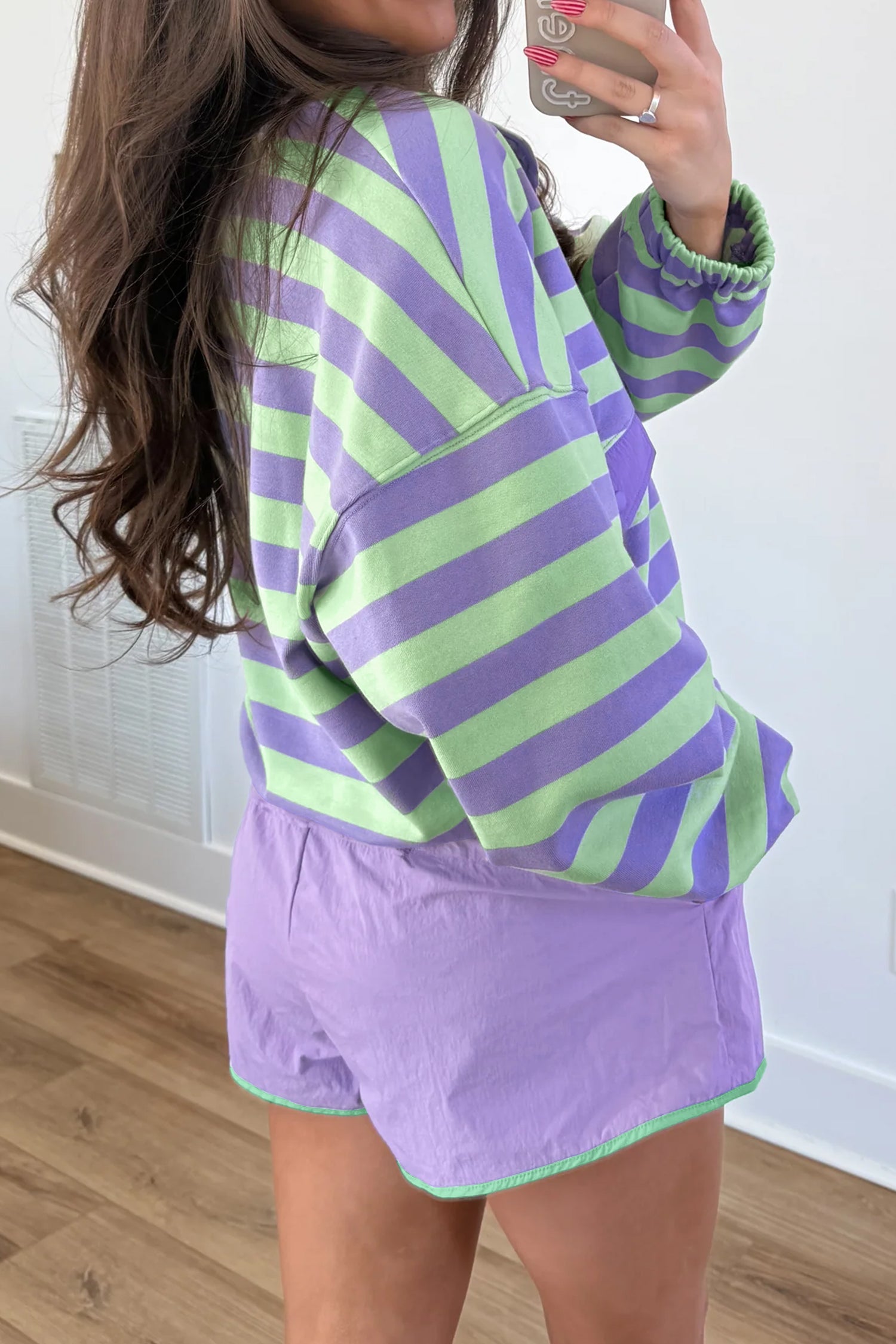 Purple Stripe Snap Button Long Sleeve Henley Top Contrast Shorts Two Piece Set