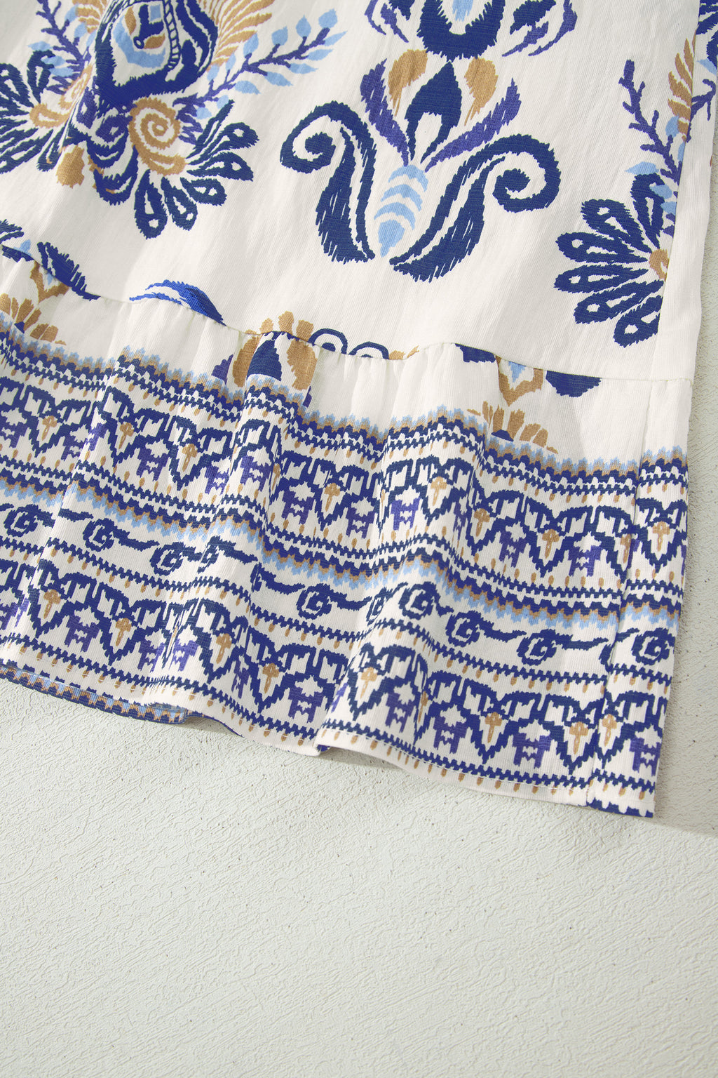 Blue Boho Floral Printed Split Neck Ruffled Sleeve Mini Dress