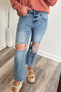 Ripped Open Knee Fit Flare Jeans