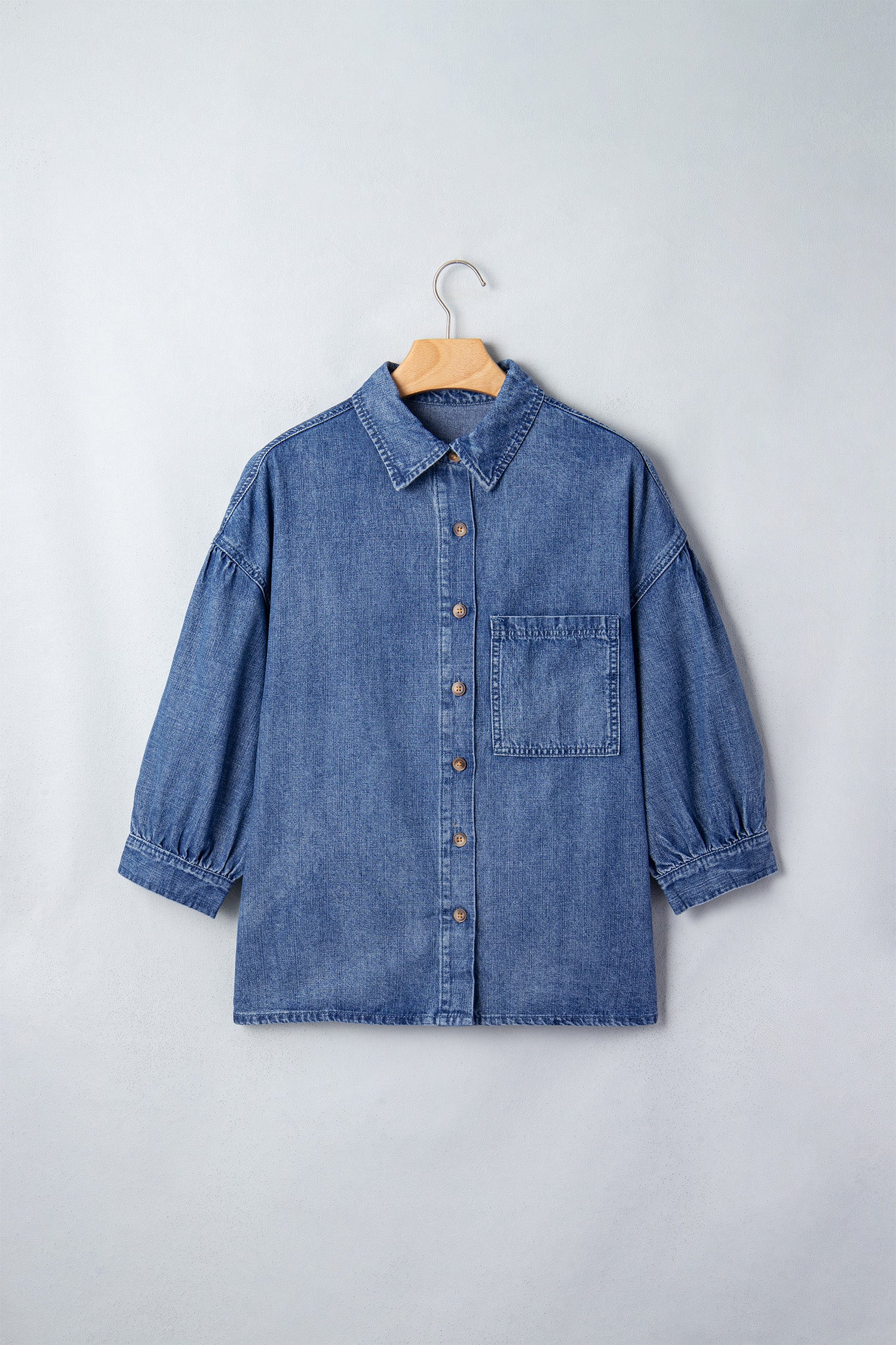 Dusk Blue Three Quarter Sleeve Button Front Loose Denim Shirt