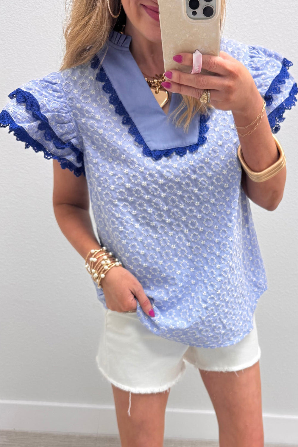 Beau Blue Flower Flutter Sleeve Blouse