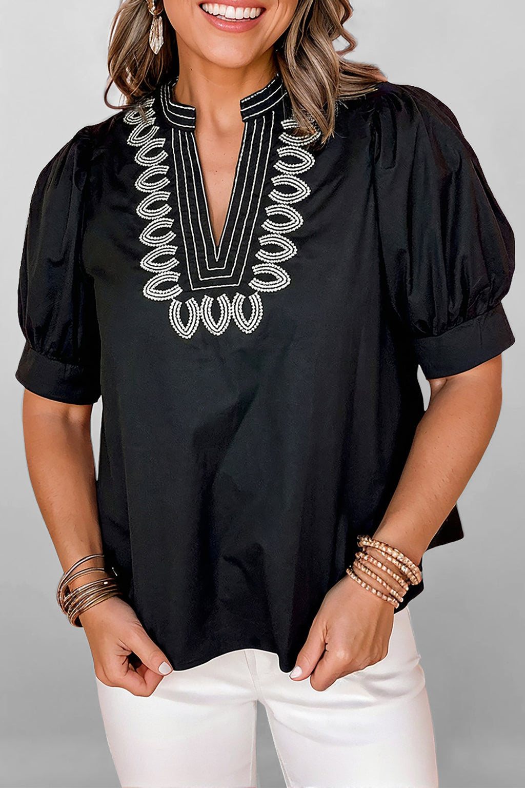 Black Short Puff Sleeve Blouse