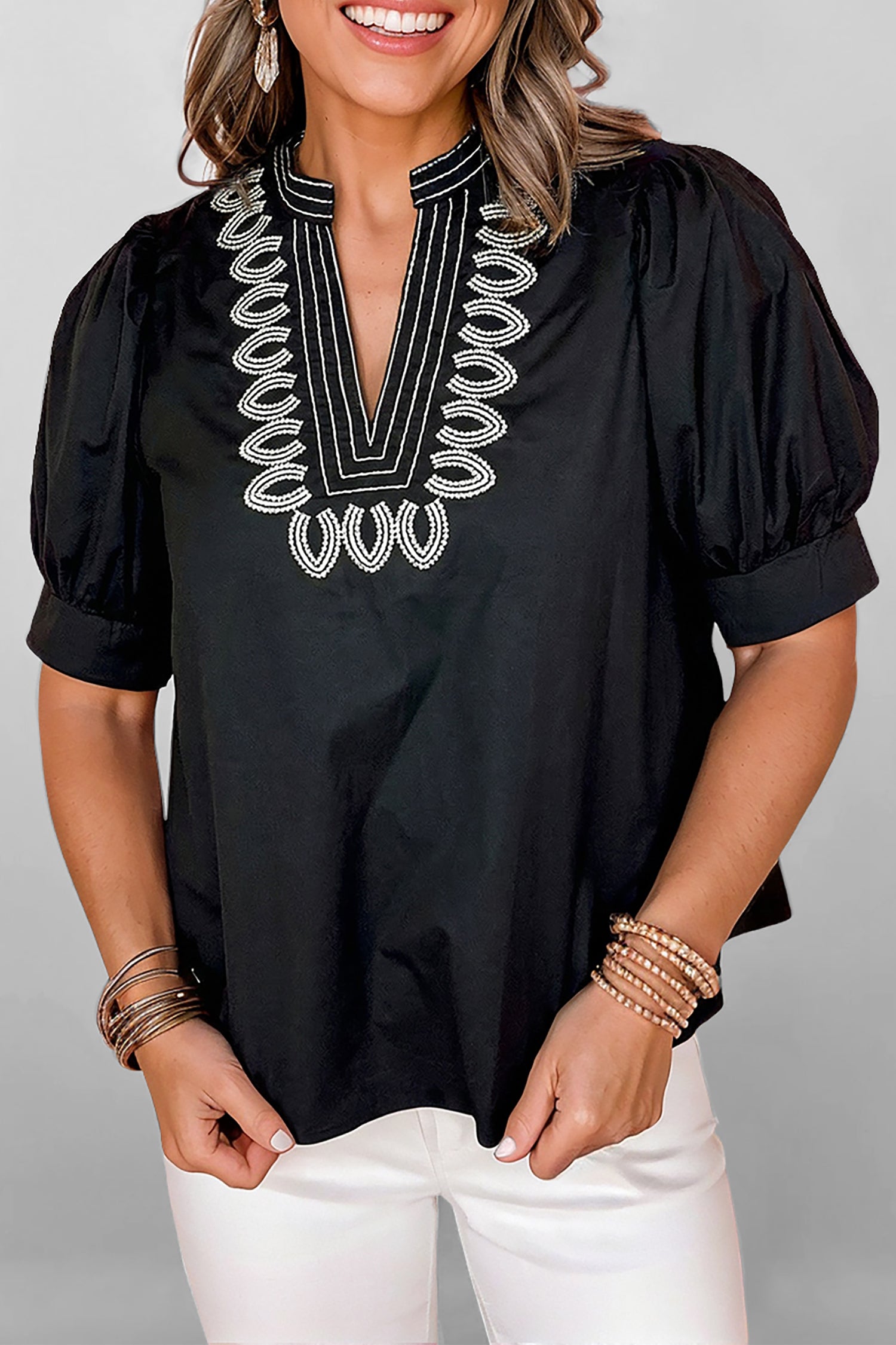 Black Short Puff Sleeve Blouse