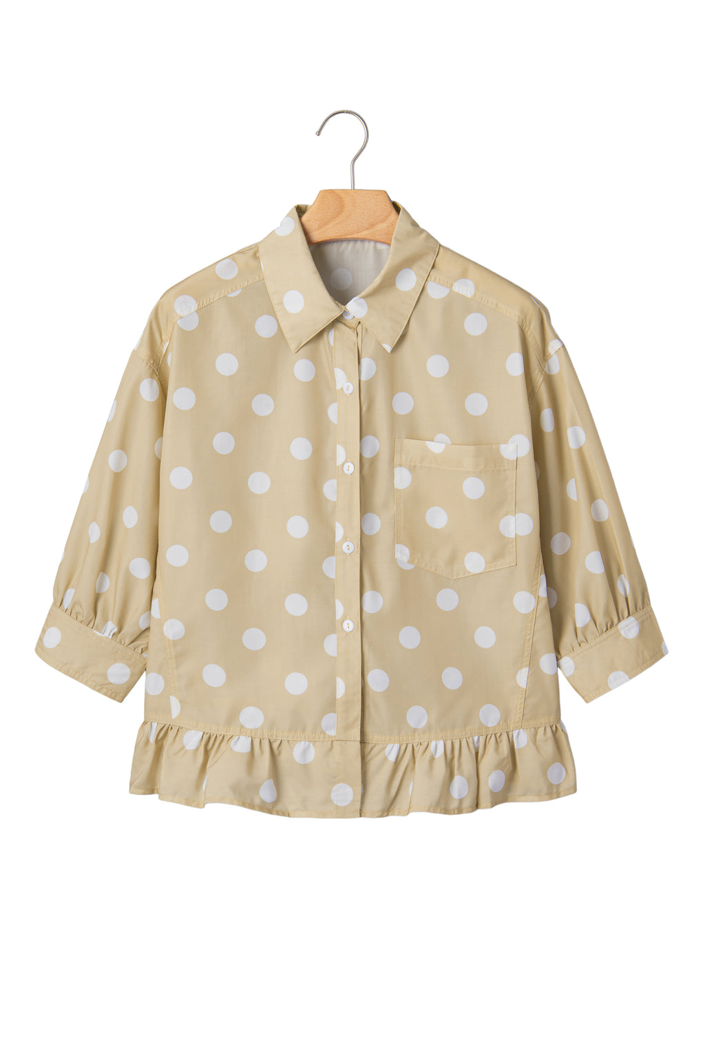 Khaki Polka Dot Print Three Quarter Sleeve Ruffle Hem Casual Shirt