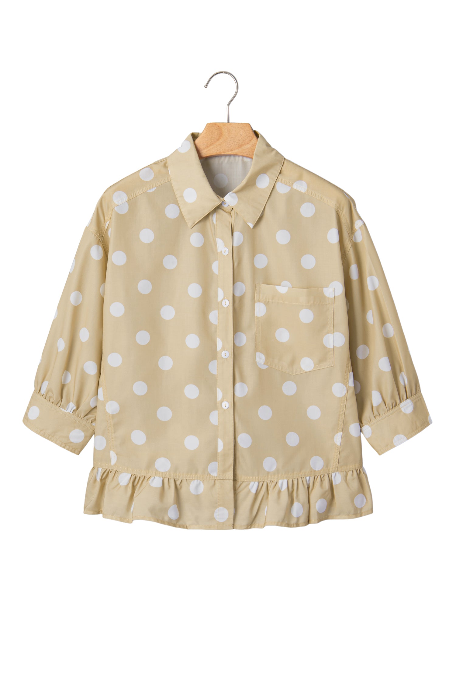 Khaki Polka Dot Print Three Quarter Sleeve Ruffle Hem Casual Shirt
