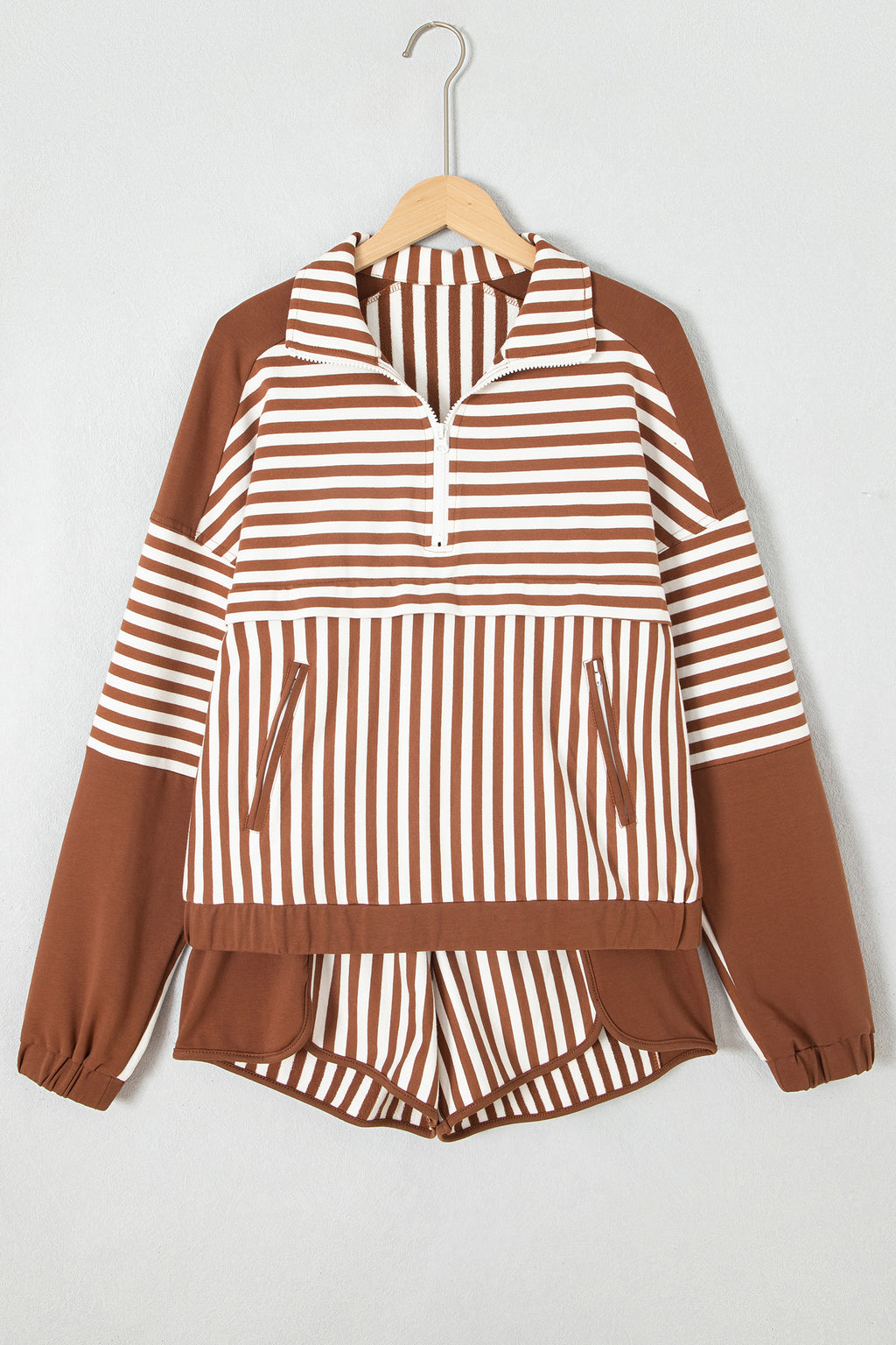Brown Stripe Color Block Patchwork Quarter Zip Pullover Sporty Shorts Set