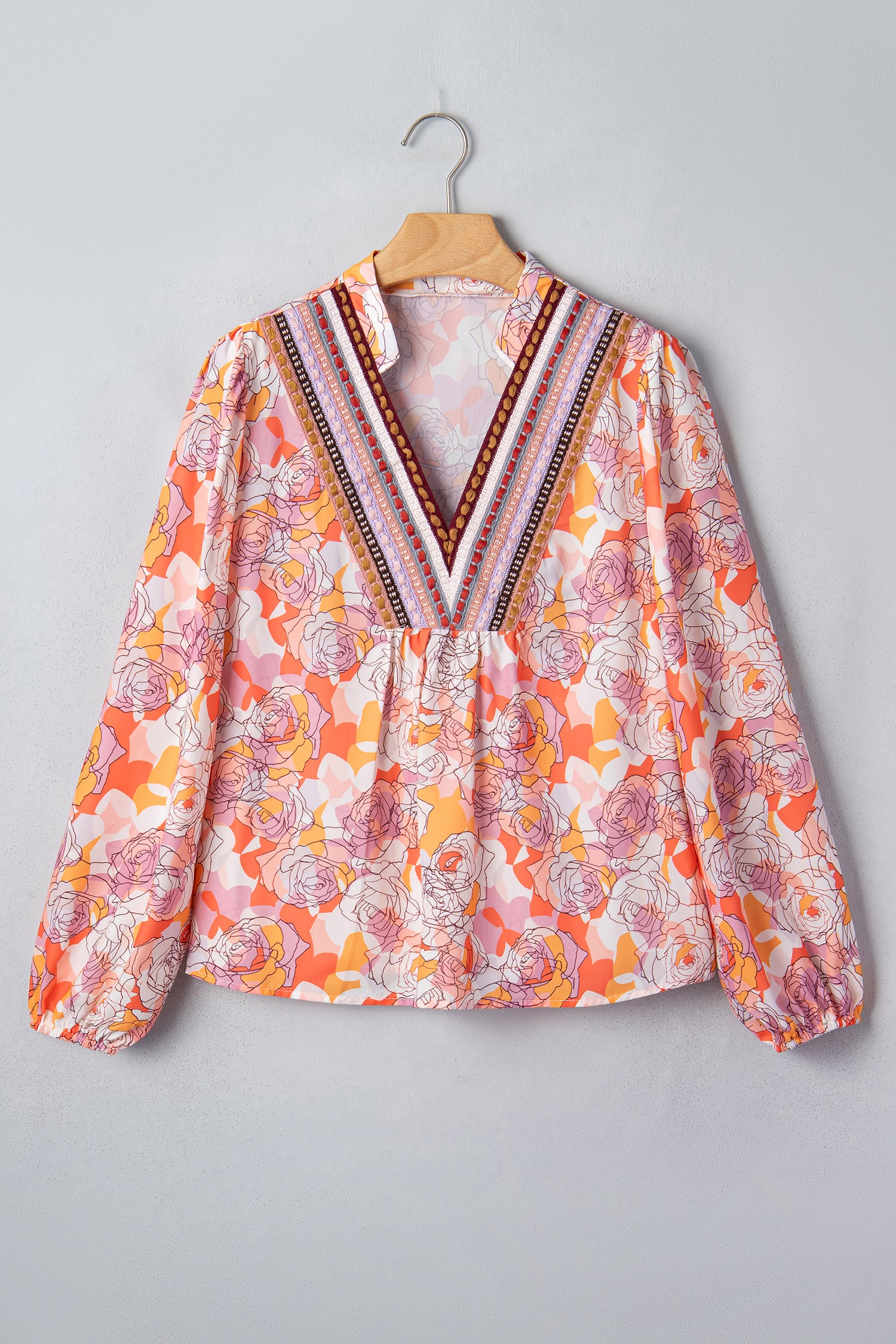 Pink Floral Print V Neck Long Sleeve Shift Blouse