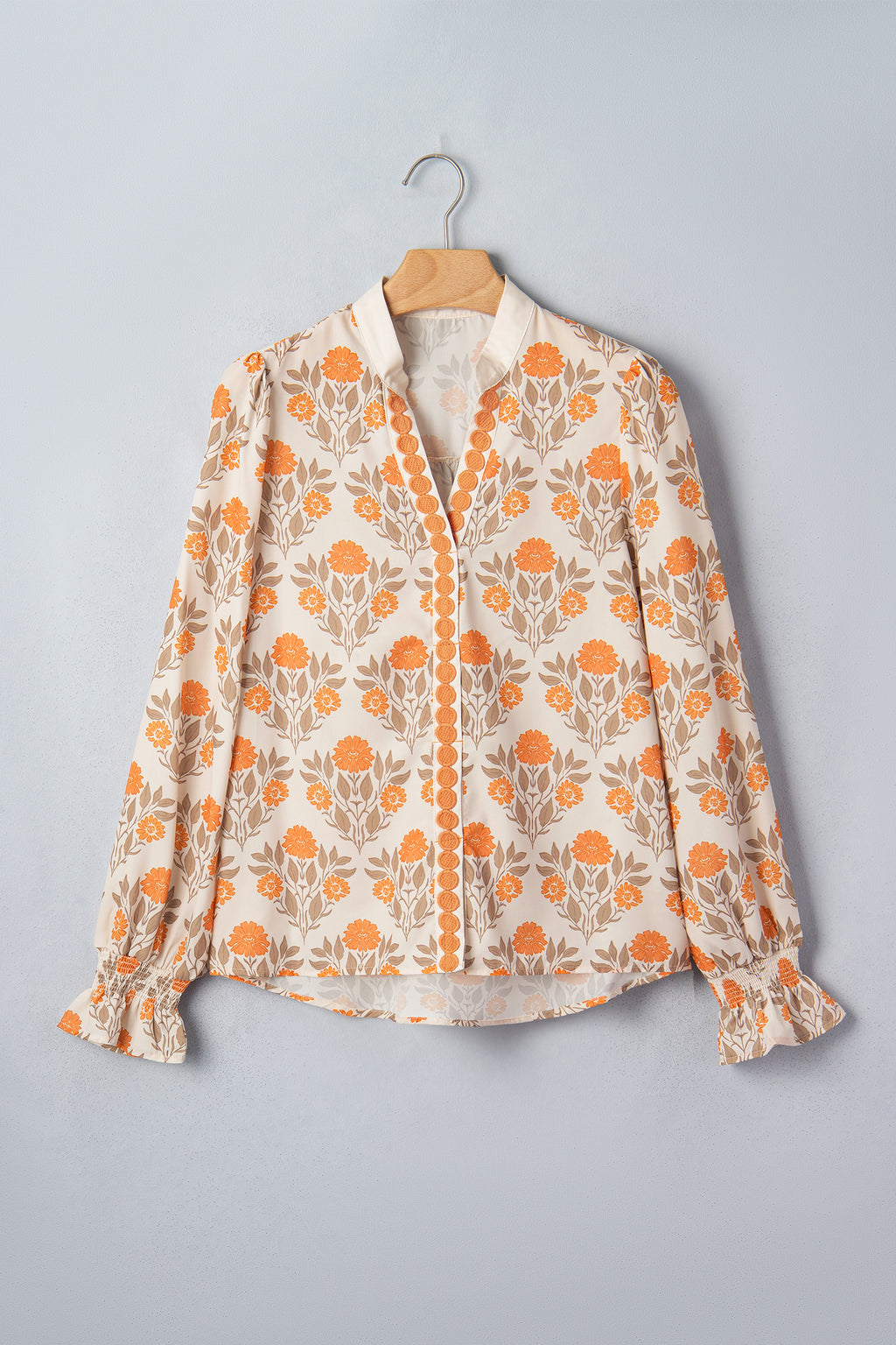 Orange Floral Print Contrast Detail V Neck Long Sleeve Blouse