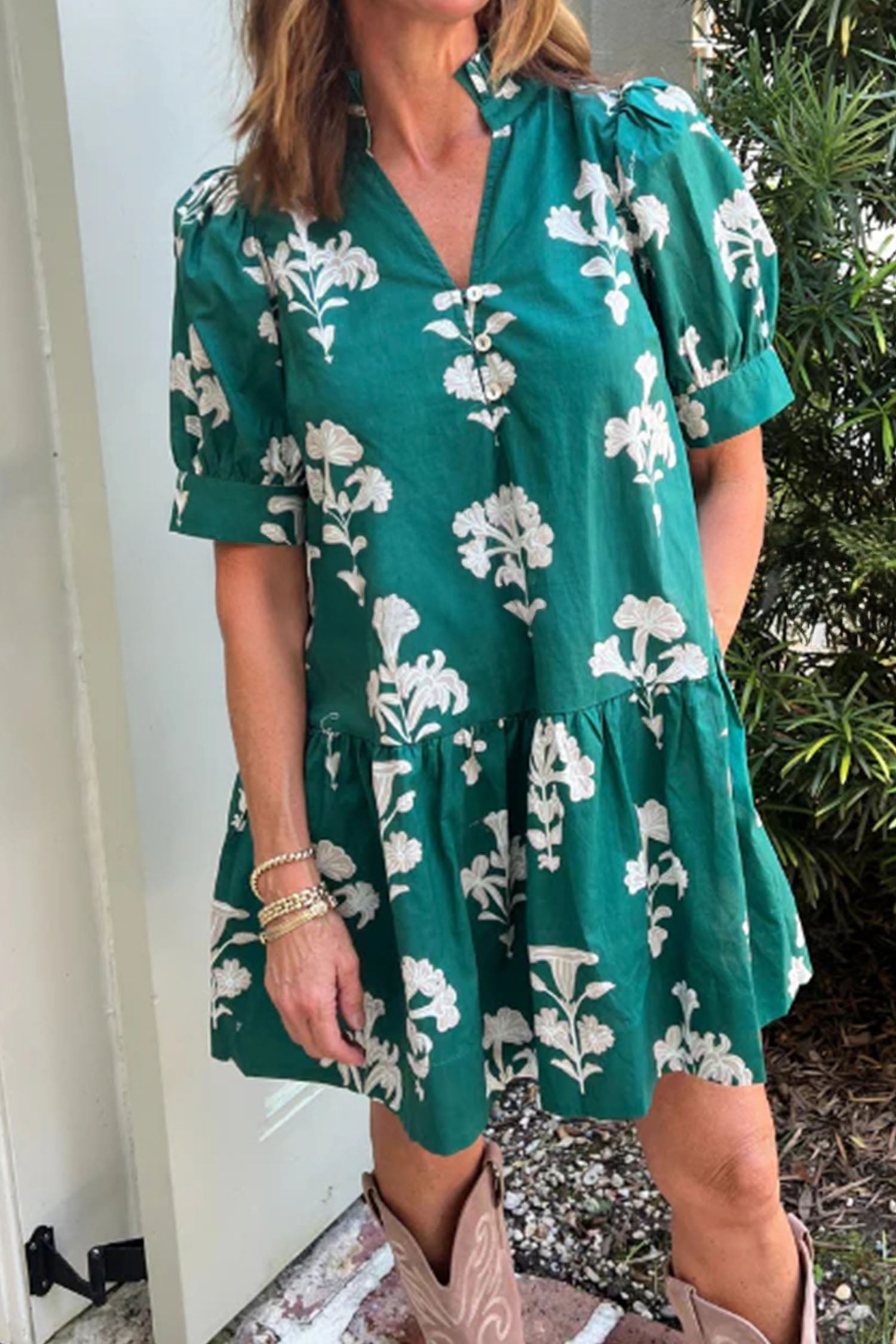 Green Frilled Floral Mini Dress