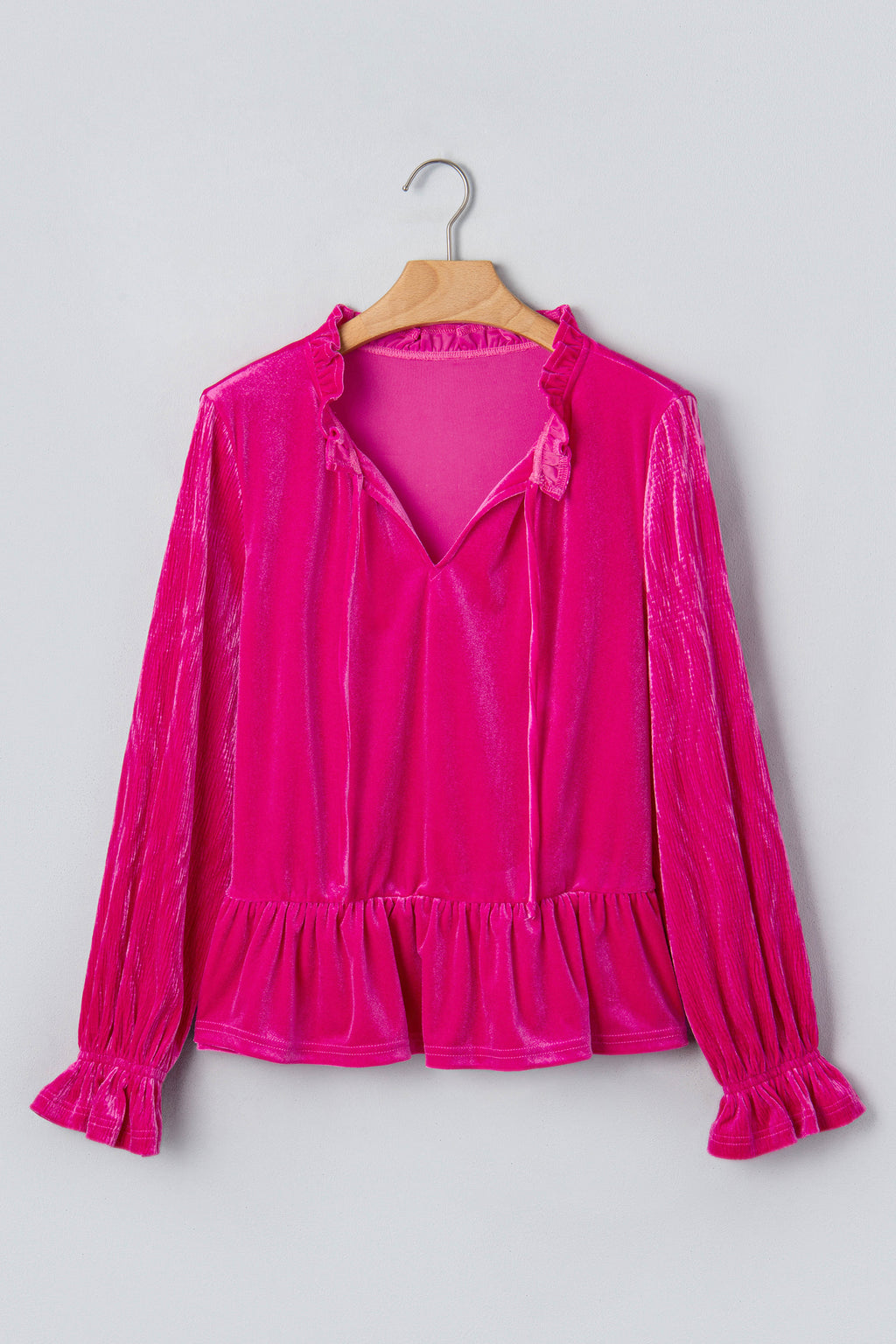 Strawberry Pink V Neck Velvet Ruffled Cuffs Hem Long Sleeve Top
