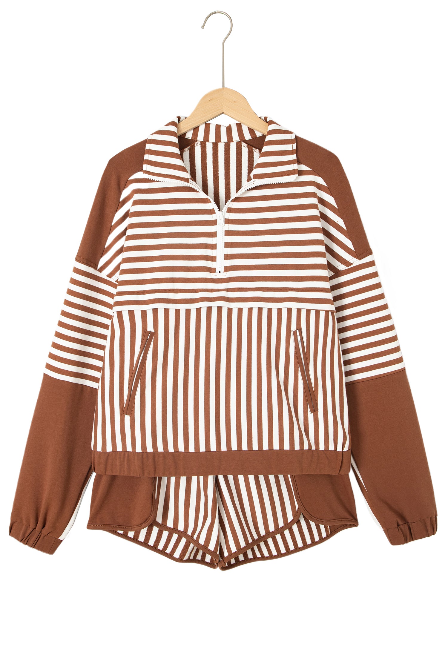 Brown Stripe Color Block Patchwork Quarter Zip Pullover Sporty Shorts Set