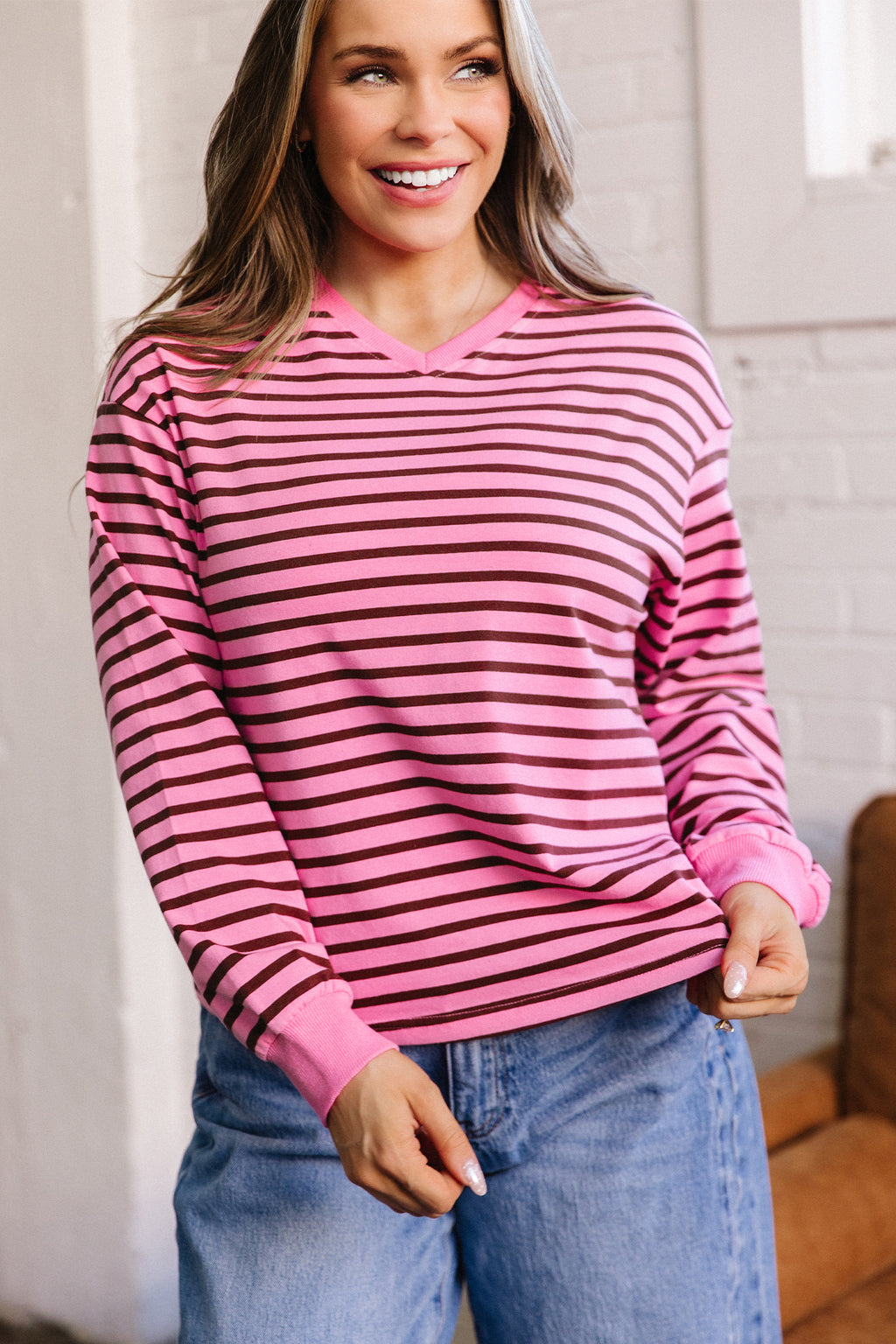 Pink Stripe V Neck Drop Shoulder Long Sleeve Top