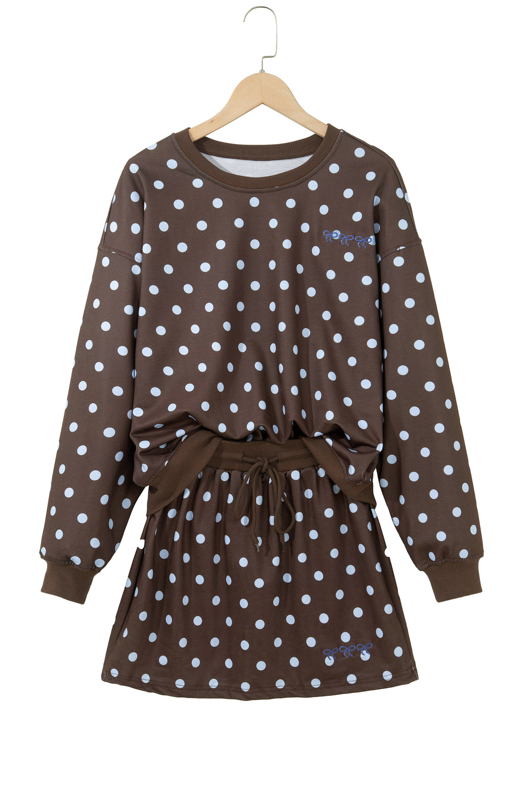 Brown Polka Dot Long Sleeve Pullover Embroidered Bow Detail 2pcs Skort Set