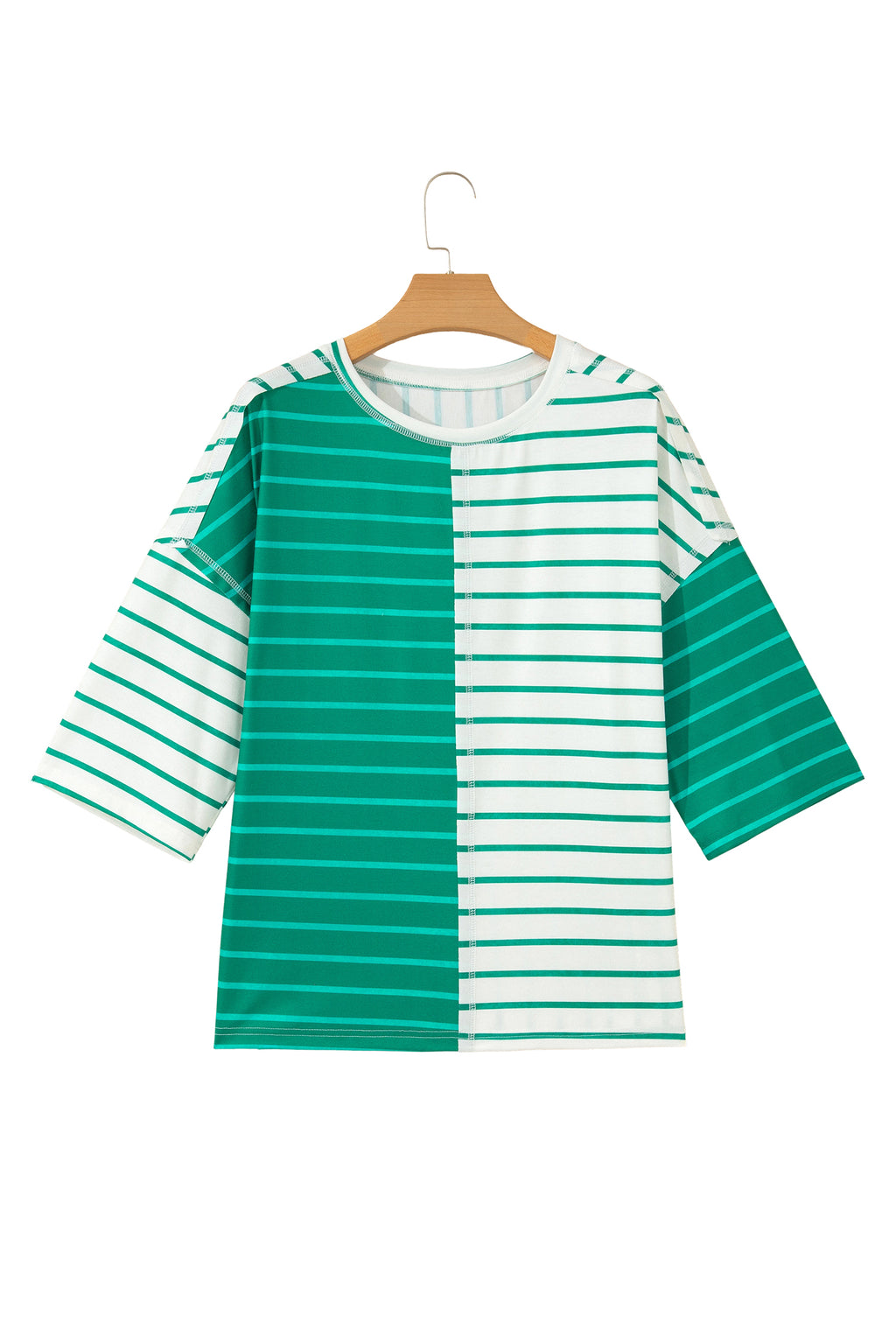 Green Stripe Colorblock 3/4 Sleeve Loose T Shirt