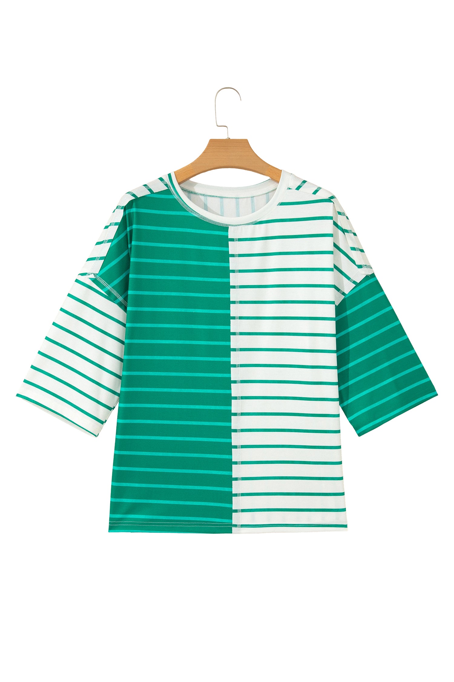 Green Stripe Colorblock 3/4 Sleeve Loose T Shirt