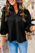Black Stylish Textured Striped Patchwork Polo Collar Pullover Sweatshirt