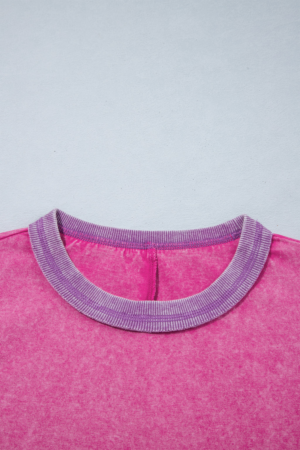 Strawberry Pink Mineral Wash Color Block Trim Bracelet Sleeve Pullover Top