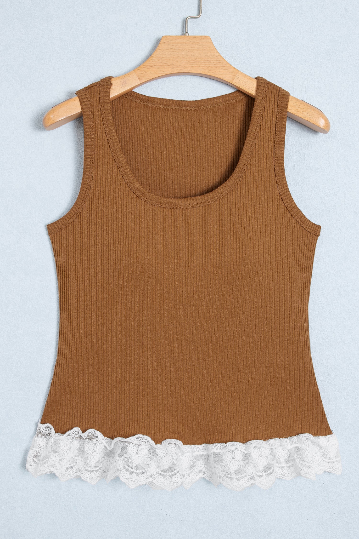 Beige Ribbed Knit Sweet Lace Hem Vest