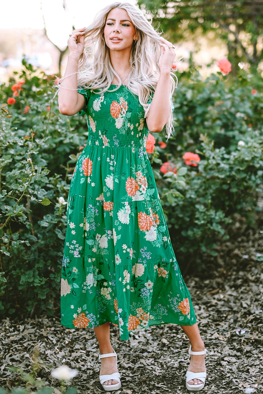 Floral Print Bubble Sleeve Midi Dress