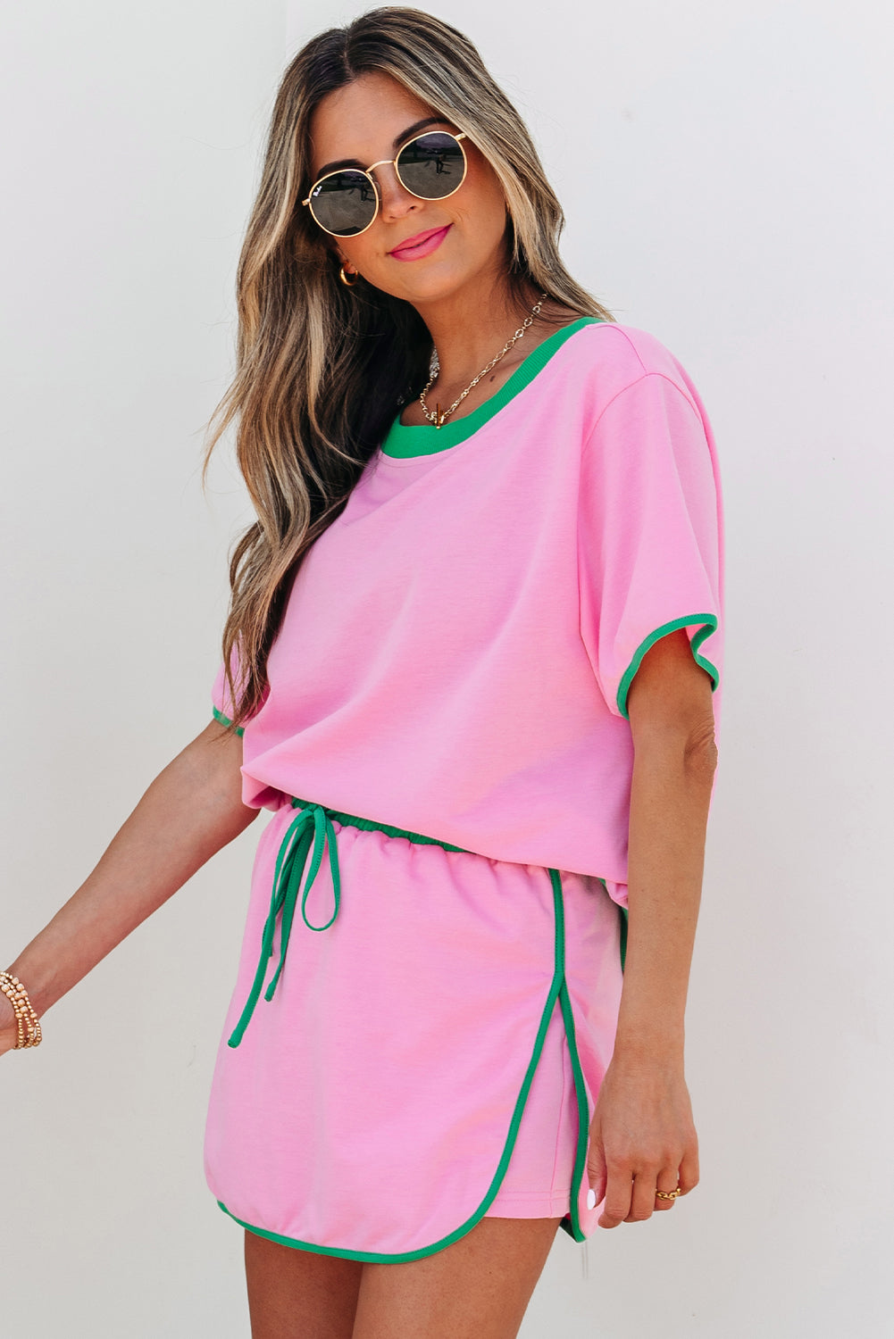 Moonlight Jade Colorblock Edge Drop Shoulder T Shirt and Skort 2Pcs Set